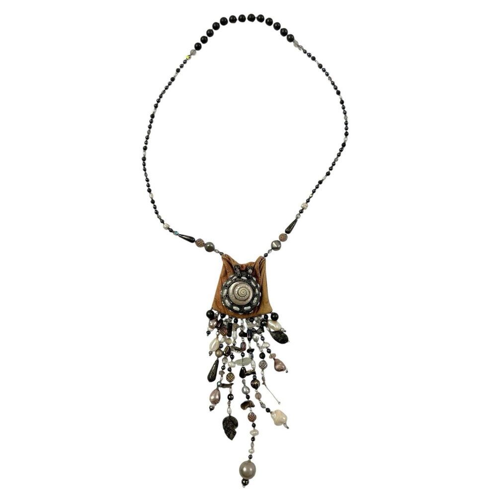 Leger Handmade Beaded Leather Necklace Pouch Medicine Bag Spell Stone Shell Bear